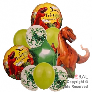 SET DE GLOBOS METALIZADOS DINOSAURIO Y LATEX CON CONFETI x 10 UNIDADES